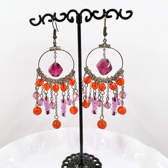 NWT - Charming Charlie - Purple & Orange Chandelier Antiqued Gold Tone Earrings - Picture 2 of 7